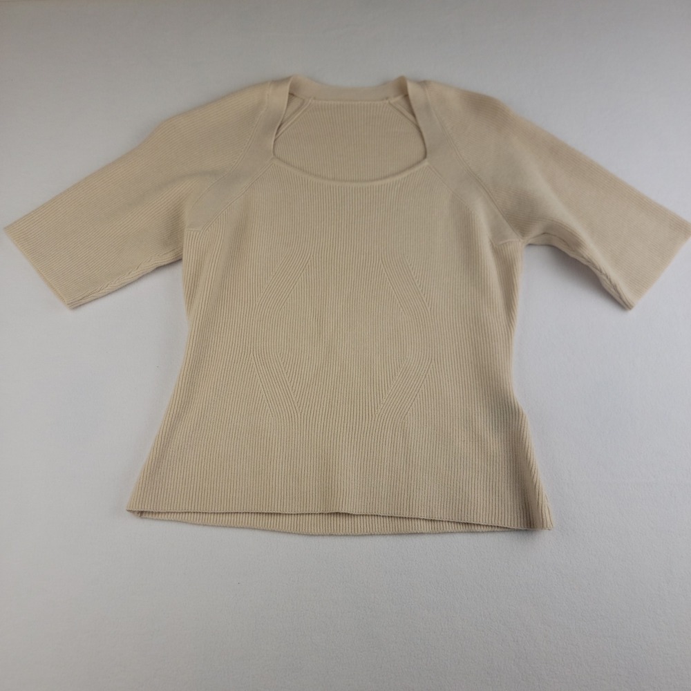 Dazy Womens Ribbed Knit Short Sleeve Square Neck Sweater Top Beige XL 1271